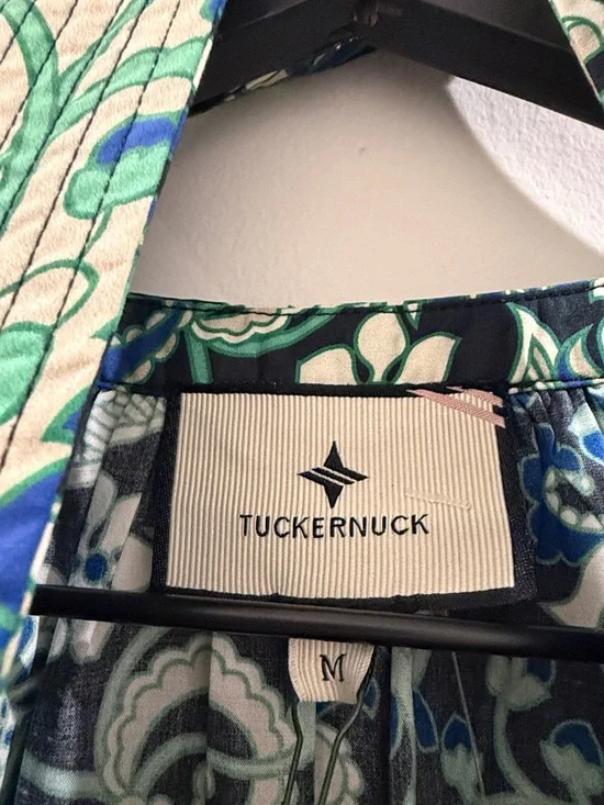 Tuckernuck Lyles Dress Green Batik Floral Puff Sleeve Belted Midi Size M NWT - Picture 7 of 8